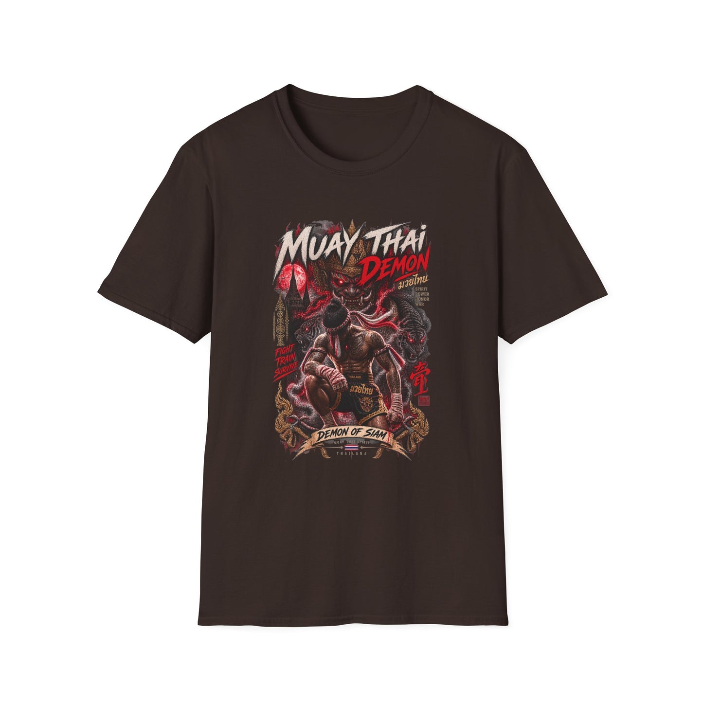 Muay Thai Demon T-Shirt braun — Thai Boxing Streetwear Vorderansicht
