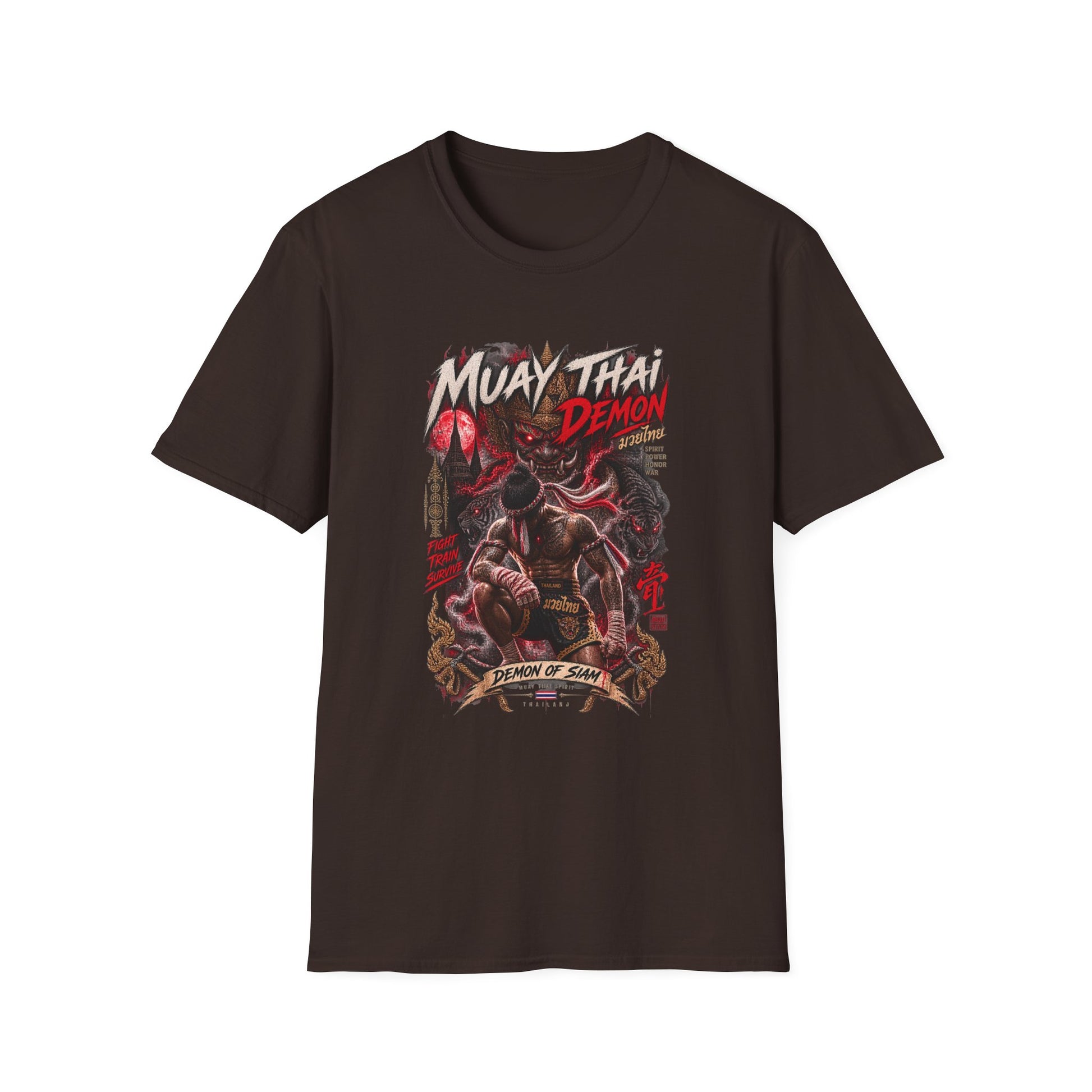 Muay Thai Demon T-Shirt braun — Thai Boxing Streetwear Vorderansicht