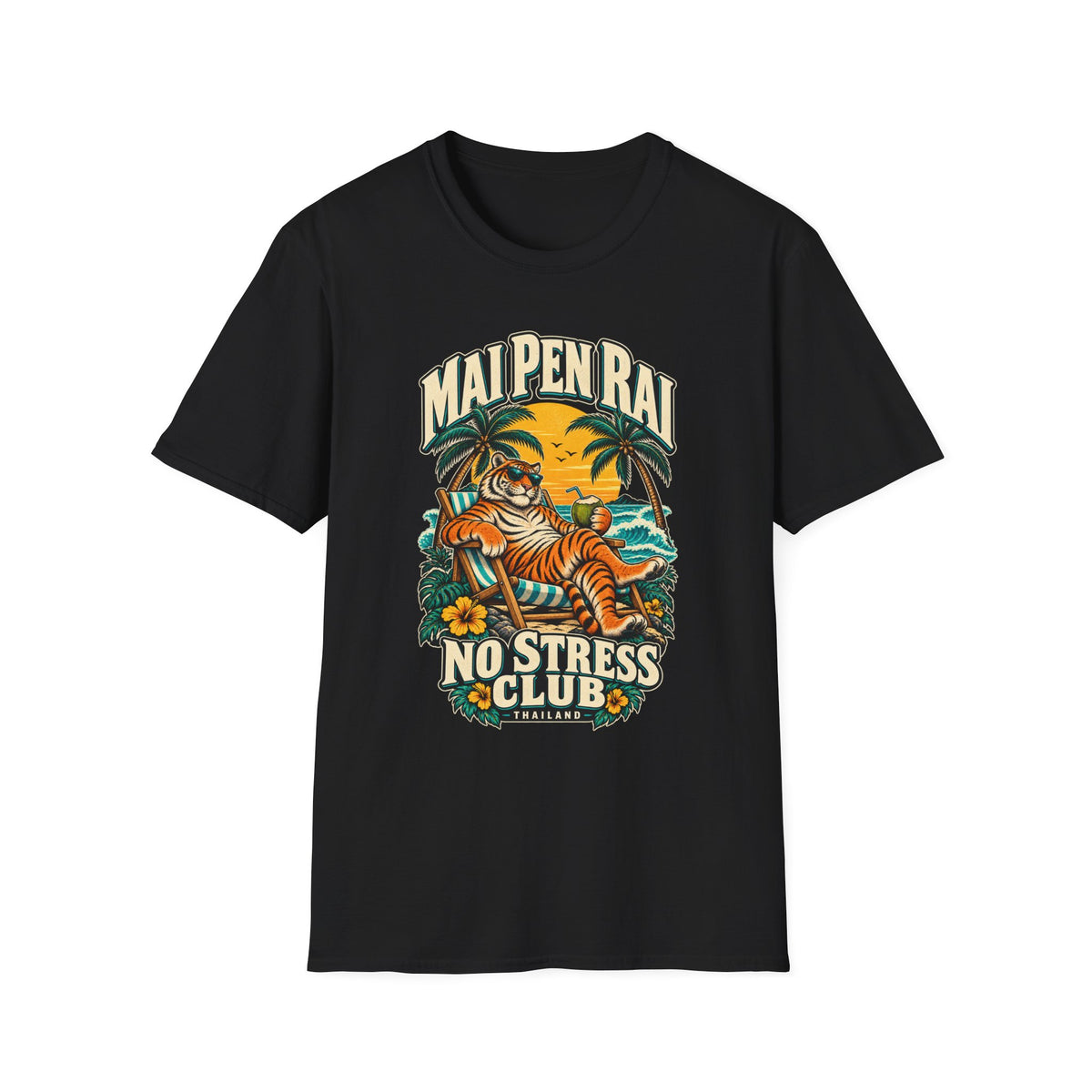 Mai Pen Rai T-Shirt — Tiger im Liegestuhl No Stress Club Thailand Geschenk