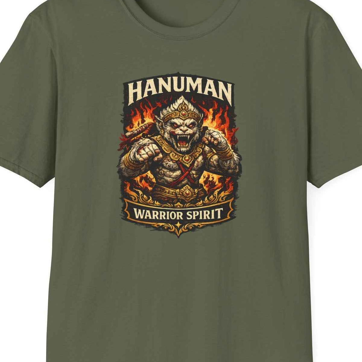 Military Green Hanuman Warrior Spirit T-Shirt – Design Nahaufnahme