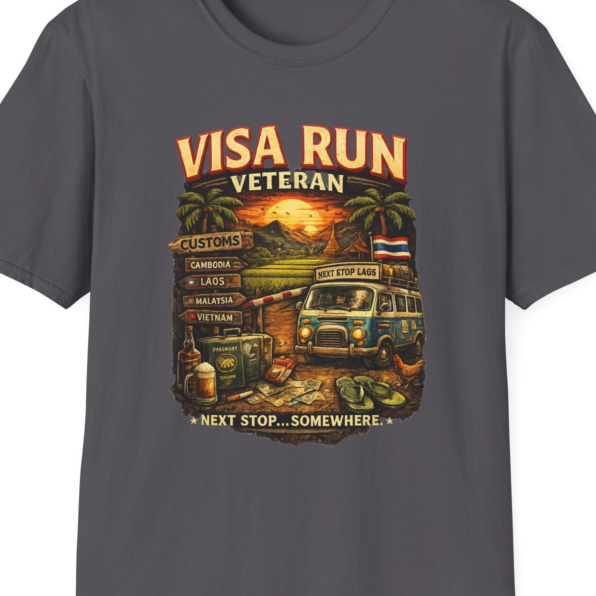 Visa Run Veteran T-Shirt anthrazit Funny Travel Backpacker Graphic Tee Unisex – Design Nahaufnahme