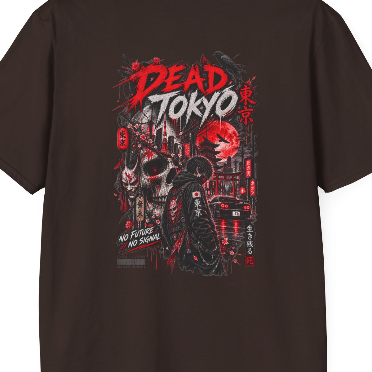 Dead Tokyo T-Shirt braun — Totenkopf Streetwear Vorderansicht – Design Nahaufnahme