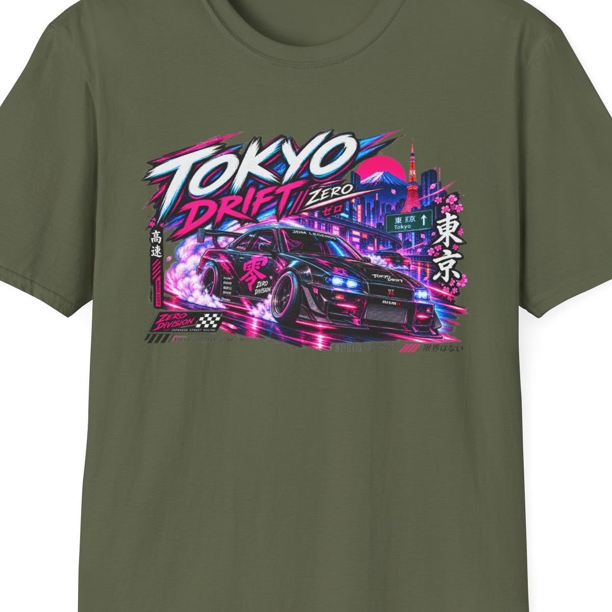 Military Green Tokyo Drift Zero T-Shirt – Design Nahaufnahme