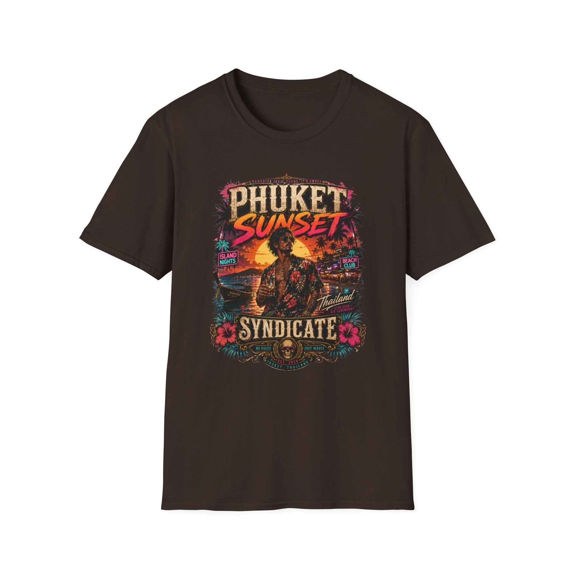Phuket Sunset Syndicate T-Shirt dunkelbraun Thailand Nightlife Streetwear Graphic Tee