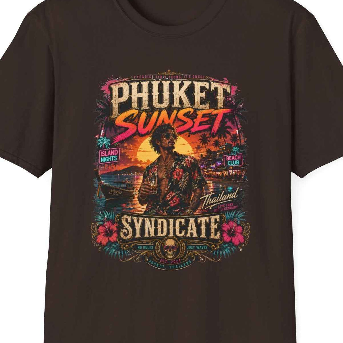 Phuket Sunset Syndicate T-Shirt dunkelbraun Thailand Nightlife Streetwear Graphic Tee – Design Nahaufnahme