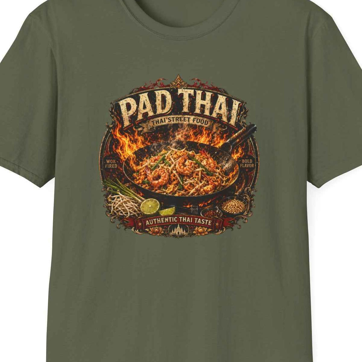 Pad Thai T-Shirt — Wok Fired Thai Street Food, Scharfe Asian Streetwear Herren Damen – Design Nahaufnahme