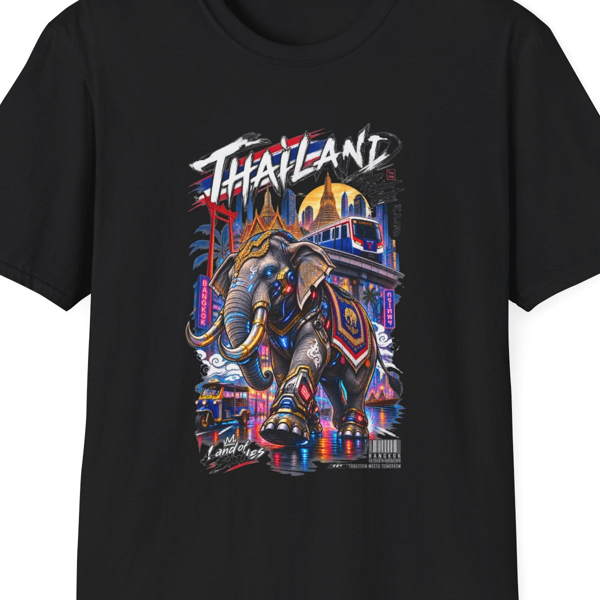 Black Bangkok Neon Elefant T-Shirt – Design Nahaufnahme