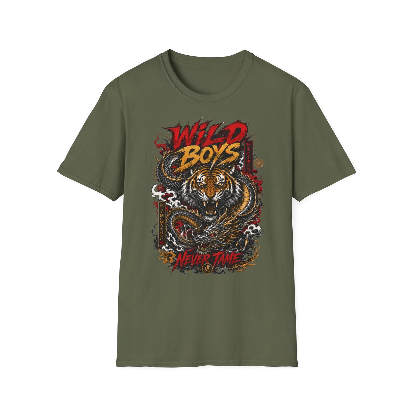 Wild Boys Never Tame T-Shirt grün Tiger Dragon Japanese Irezumi Streetwear