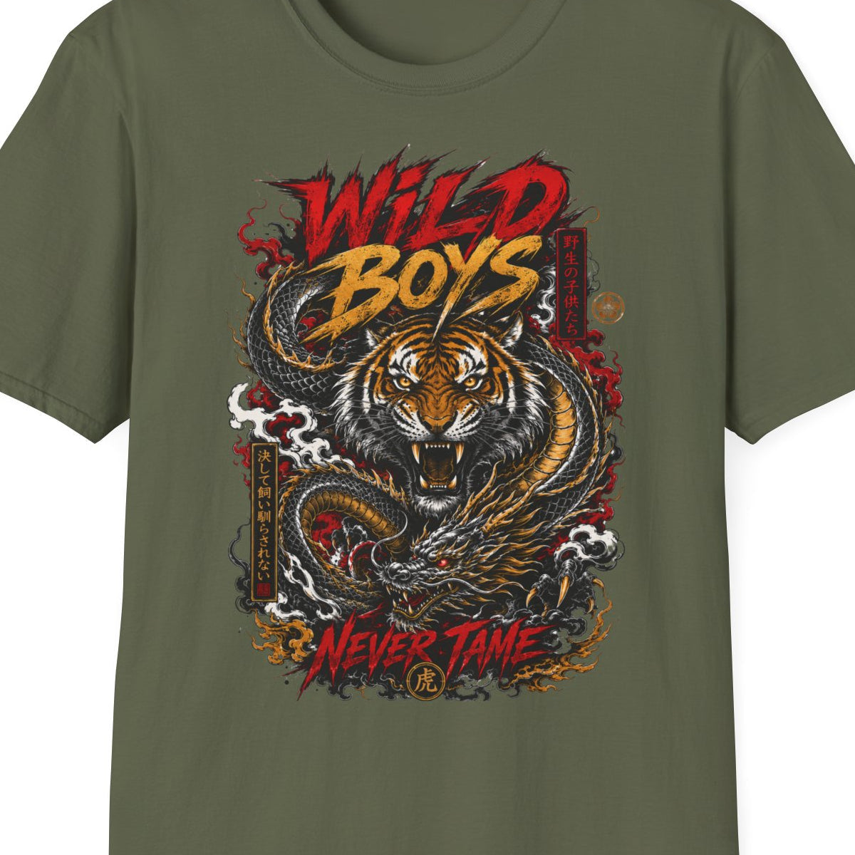 Wild Boys Never Tame T-Shirt grün Tiger Dragon Design Nahaufnahme Japanese Irezumi Streetwear