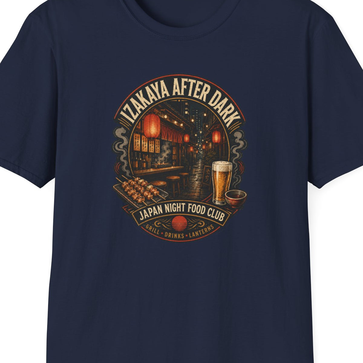 Izakaya After Dark T-Shirt Japanese Streetwear Graphic Tee Vorderansicht – Design Nahaufnahme