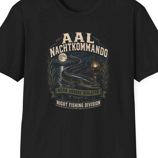 Aal Nachtkommando T-Shirt schwarz — Angler Geschenk Nachtangler Graphic Tee – Design Nahaufnahme