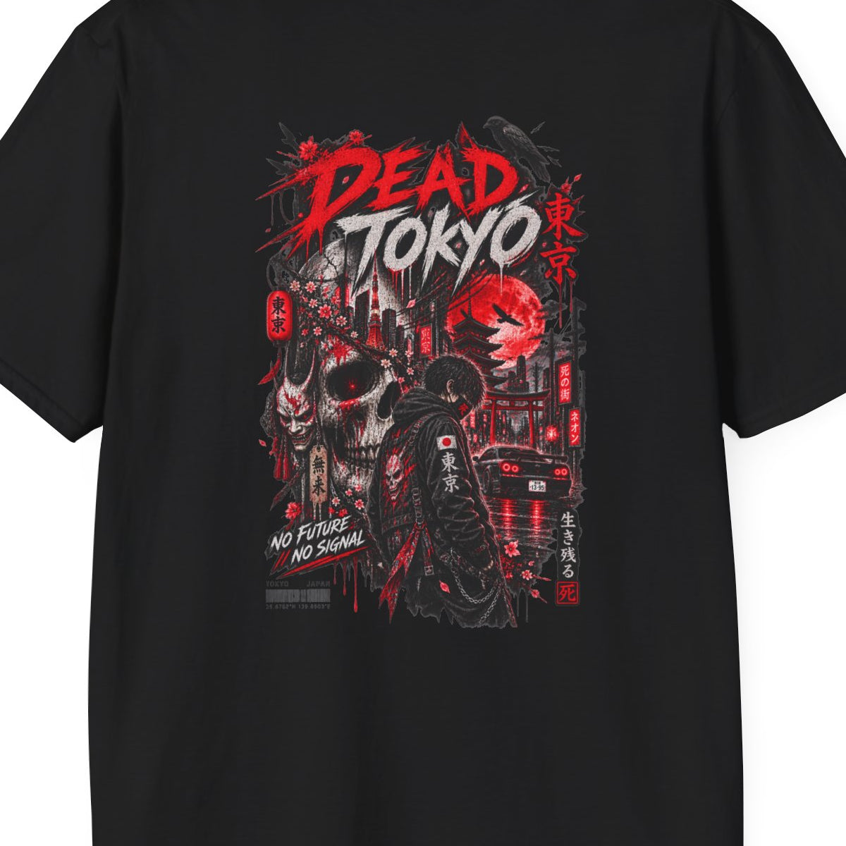 Dead Tokyo T-Shirt schwarz — Totenkopf Streetwear Vorderansicht – Design Nahaufnahme