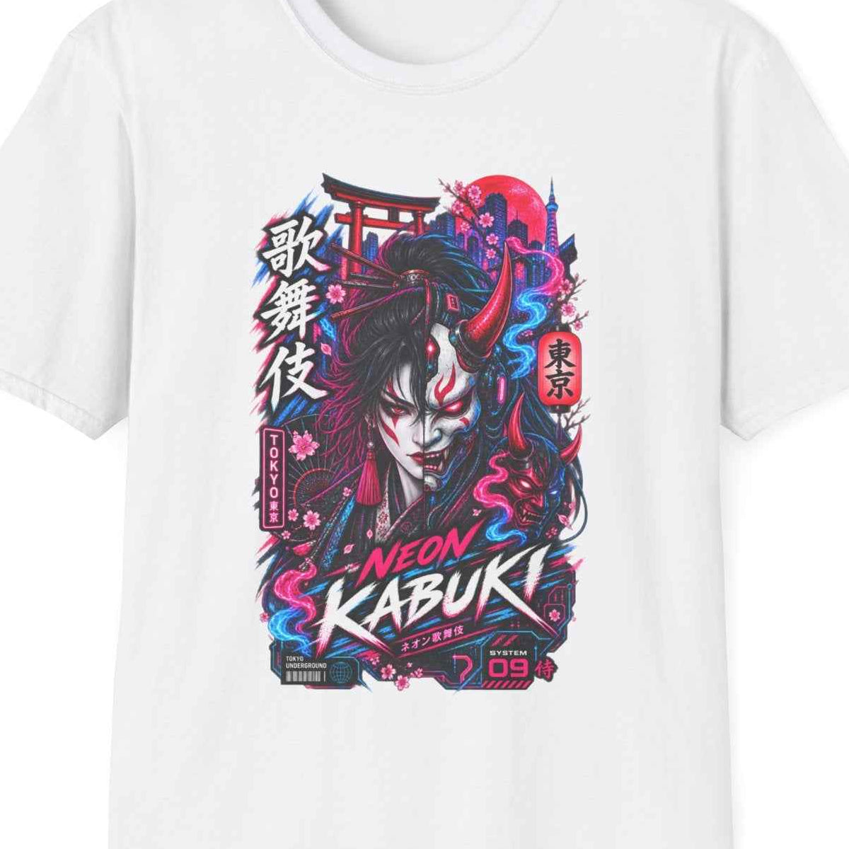 Neon Kabuki T-Shirt – Japanese Streetwear Tokyo Cyberpunk Herren Damen – Design Nahaufnahme