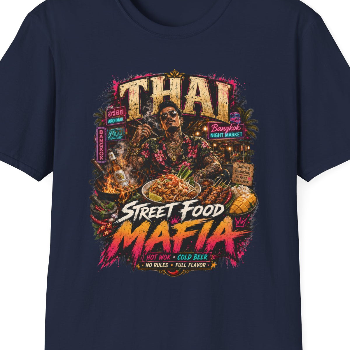 Thai Street Food Mafia T-Shirt militärgrün Thailand Bangkok Street Food Graphic Tee – Design Nahaufnahme