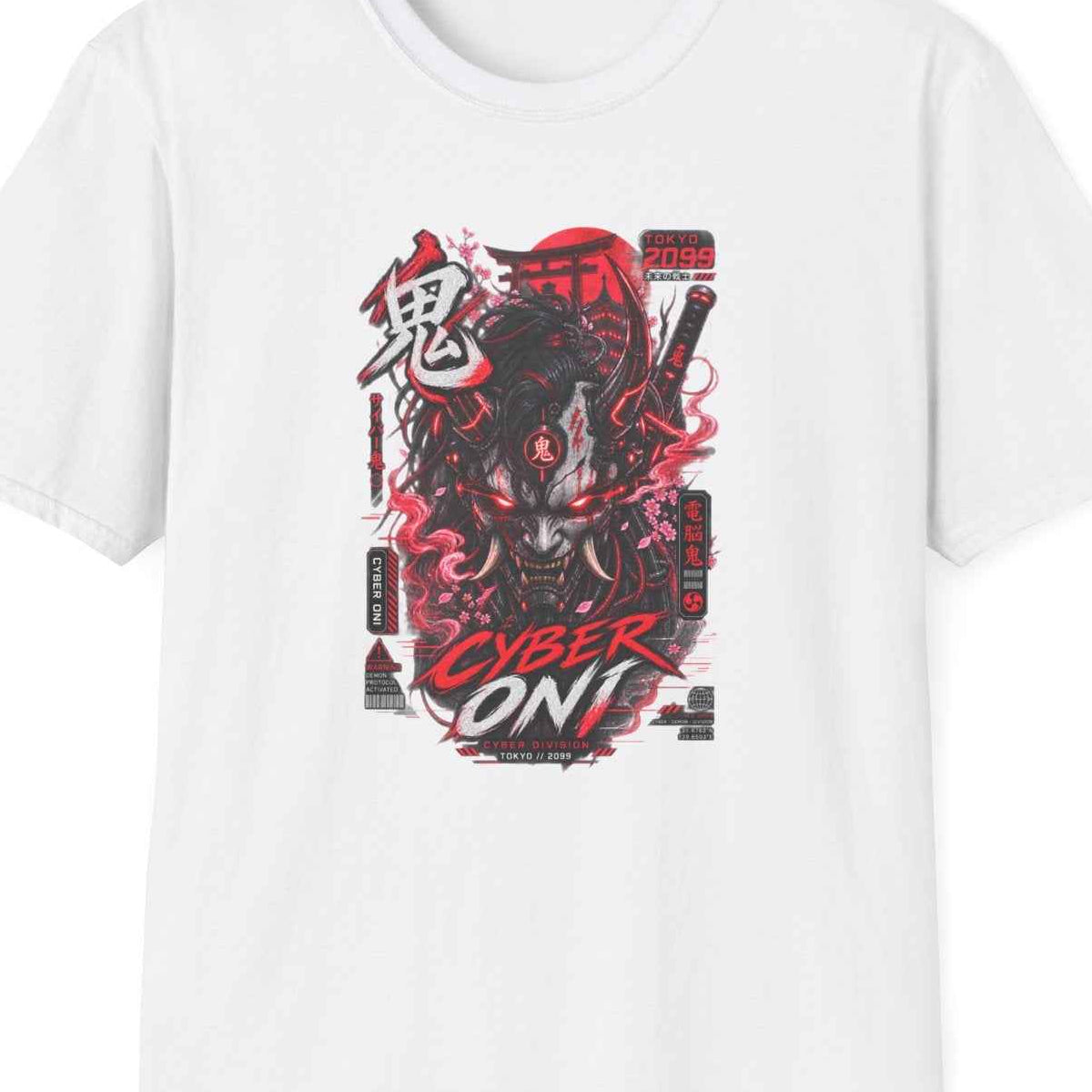 White Cyber Oni T-Shirt – Design Nahaufnahme