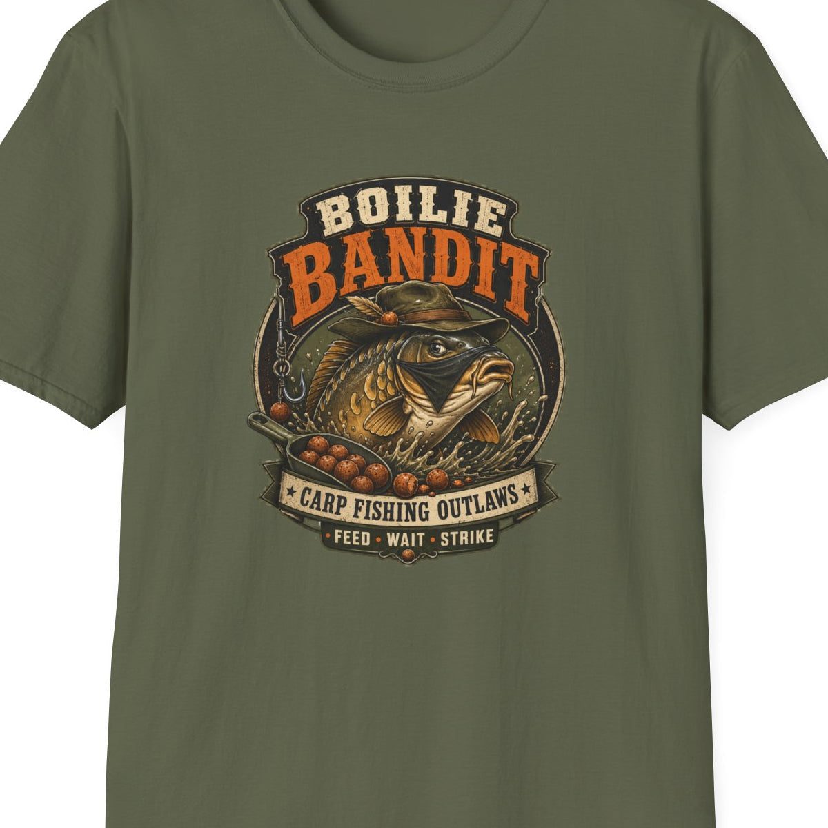 Boilie Bandit Angler T-Shirt Military Green Karpfenangler Shirt Vorderansicht – Design Nahaufnahme