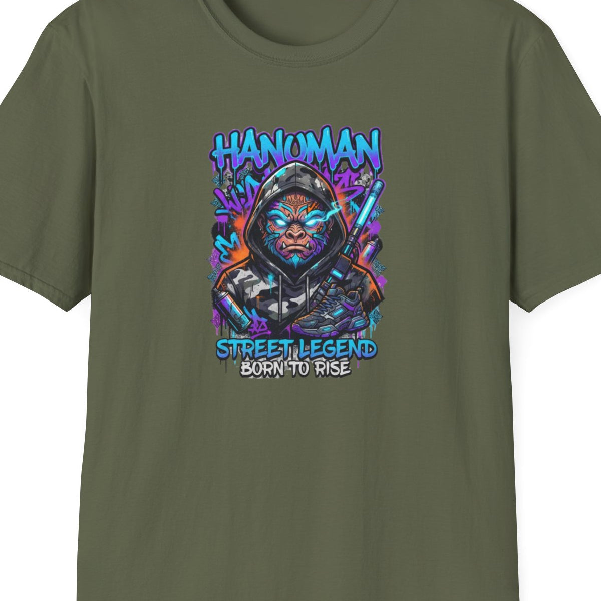 Hanuman T-Shirt Military Green — Urban Thai Streetwear Vorderansicht – Design Nahaufnahme