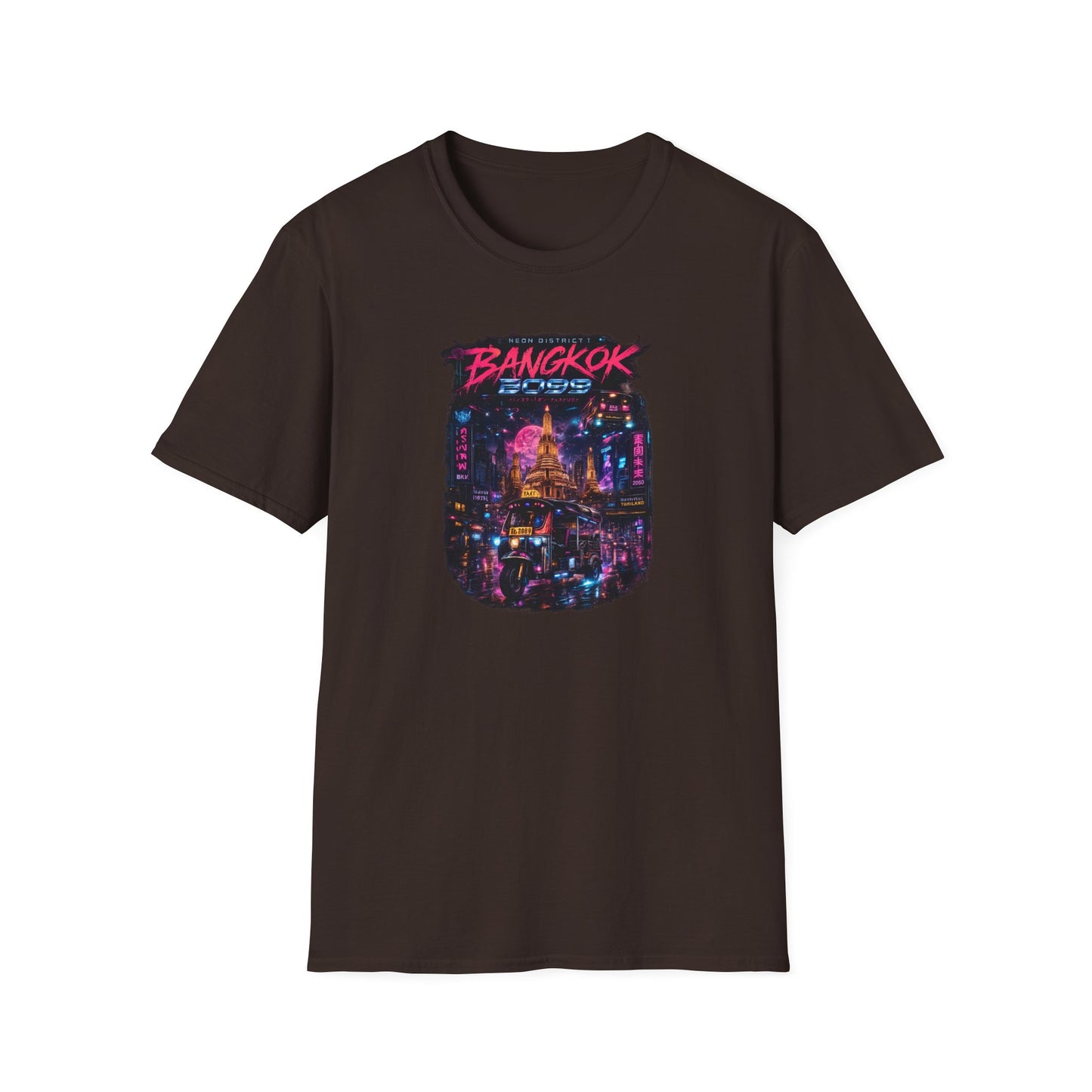 Bangkok 2099 T-Shirt Vorderansicht — Neon Tuk Tuk Skyline Print