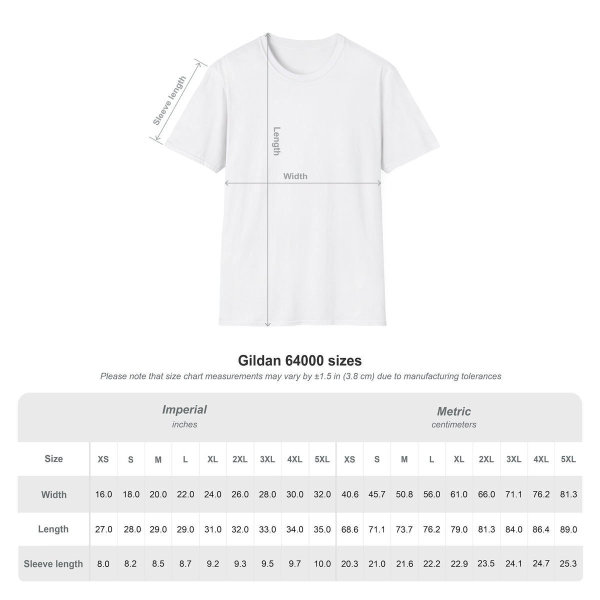Gildan 64000 Groessentabelle Unisex T-Shirt S bis 3XL