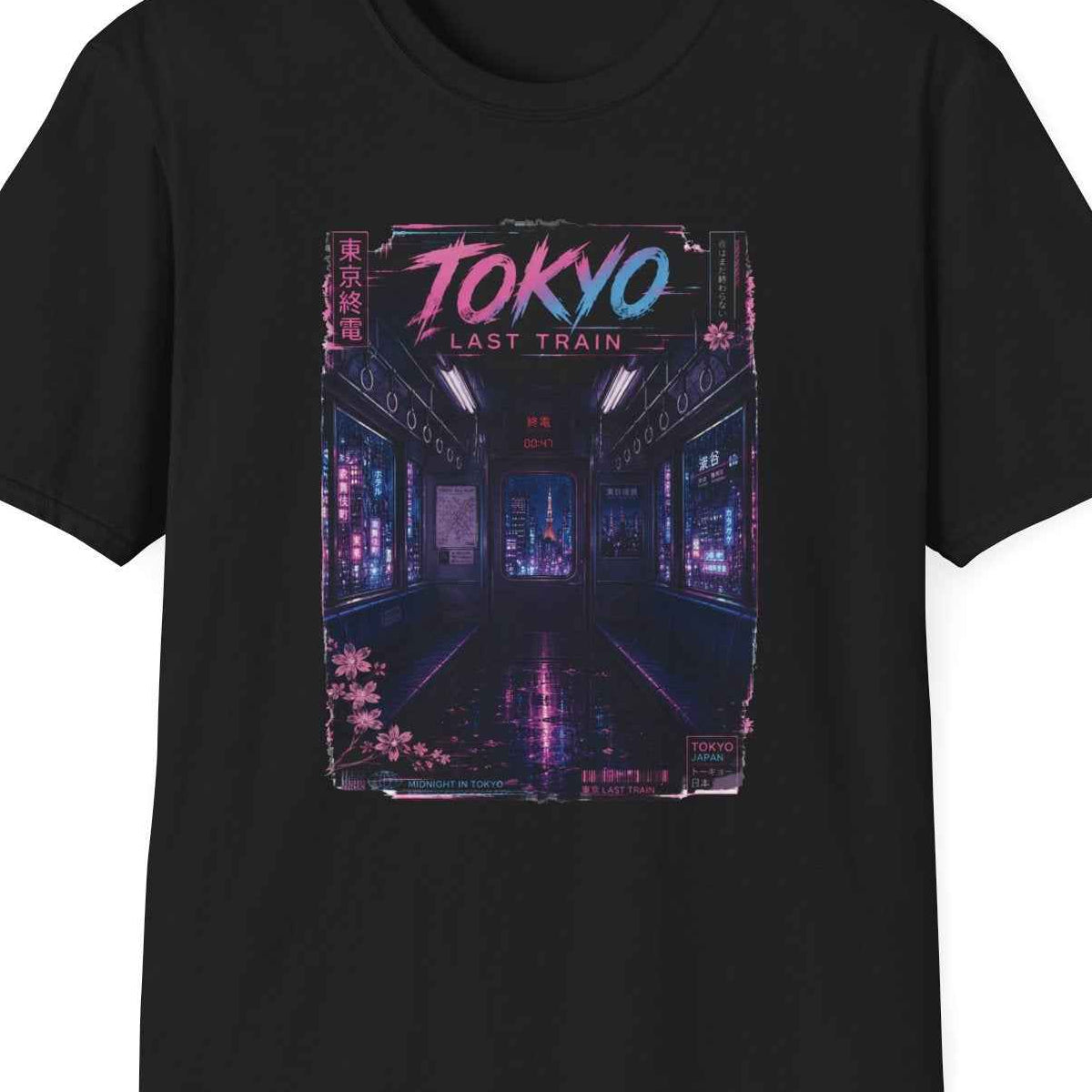 Tokyo Last Train T-Shirt – Cyberpunk Neon Vaporwave Streetwear – Design Nahaufnahme