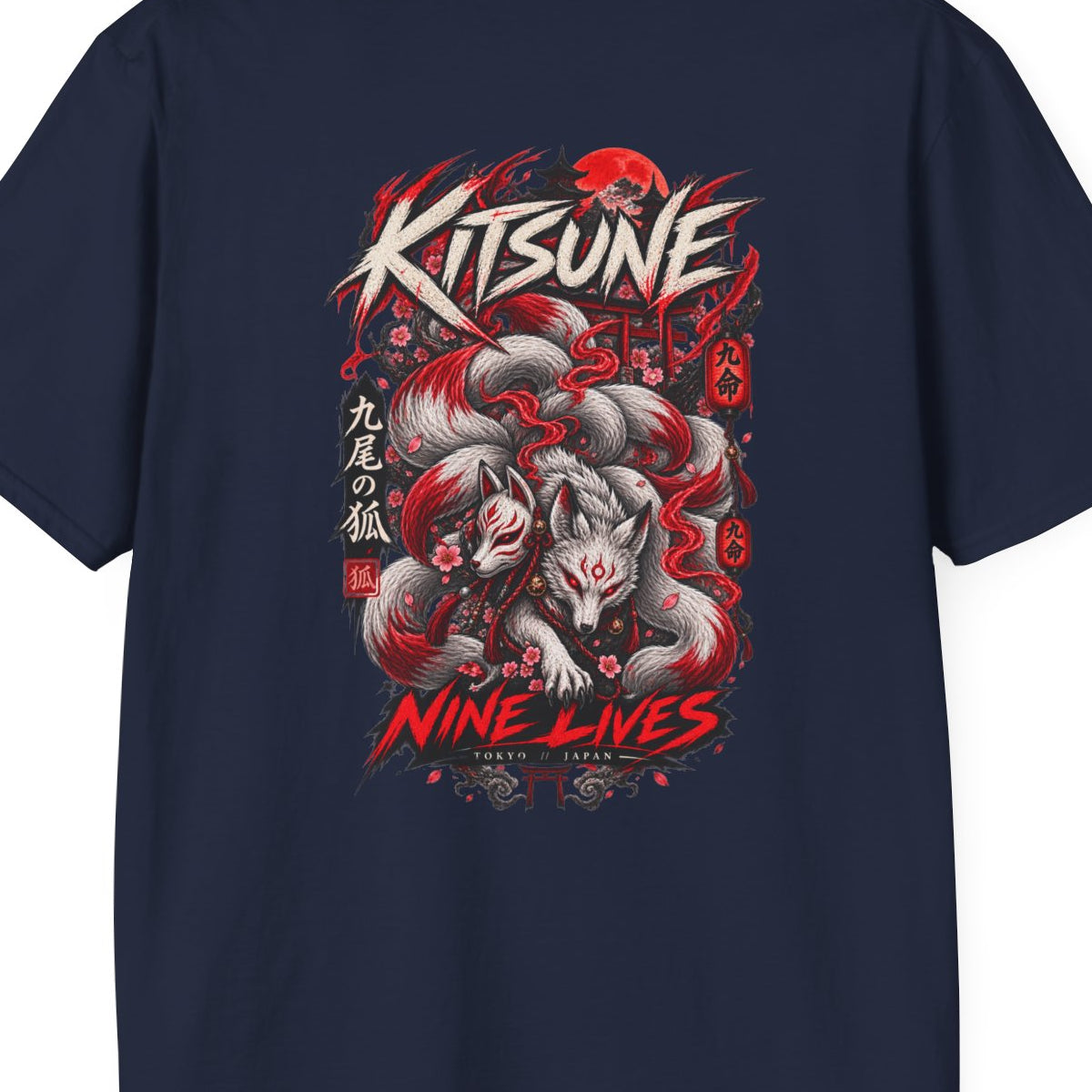 Kitsune Nine Lives T-Shirt Navy — Fuchsgeist Japan Streetwear Rückenprint