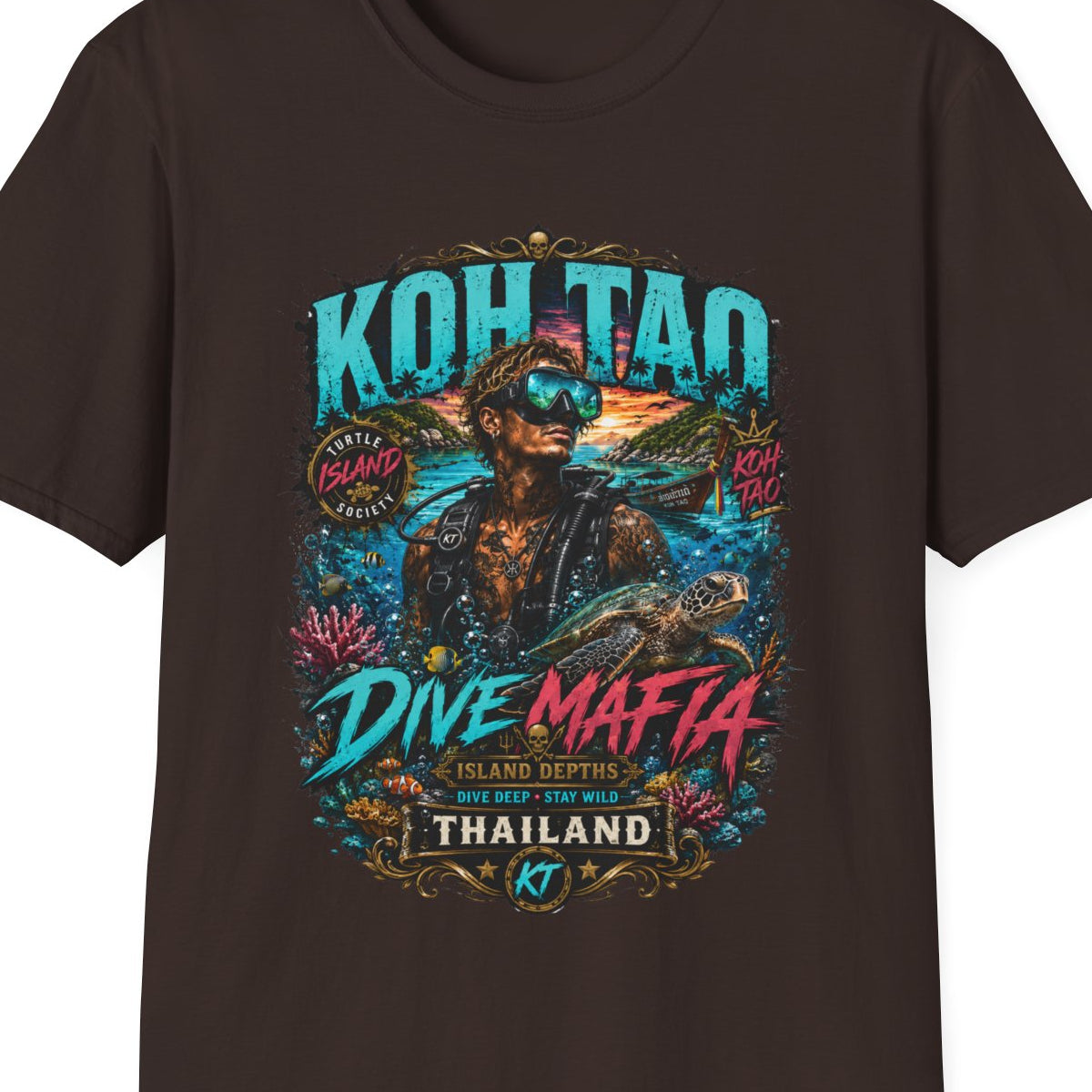 Koh Tao Dive Mafia T-Shirt dunkelbraun Tauchen Thailand Streetwear Graphic Tee – Design Nahaufnahme