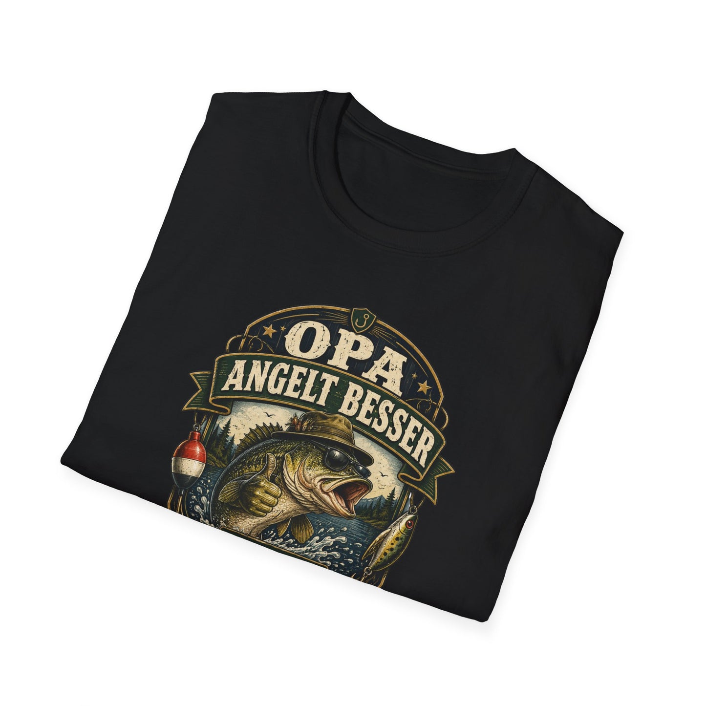 Opa angelt besser T-Shirt schwarz gefaltet – Vintage Angler Design Detail