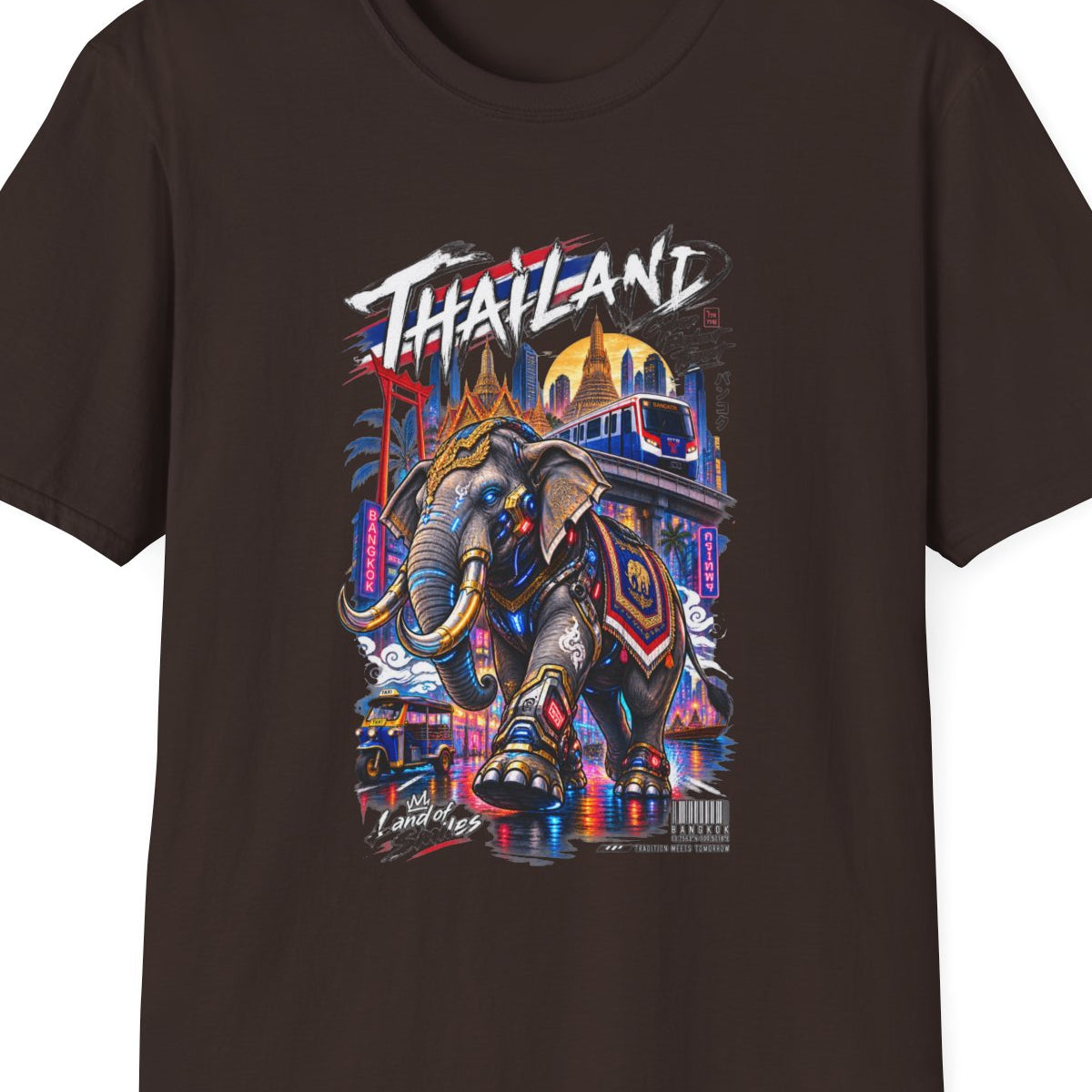 Dark Chocolate Bangkok Neon Elefant T-Shirt – Design Nahaufnahme