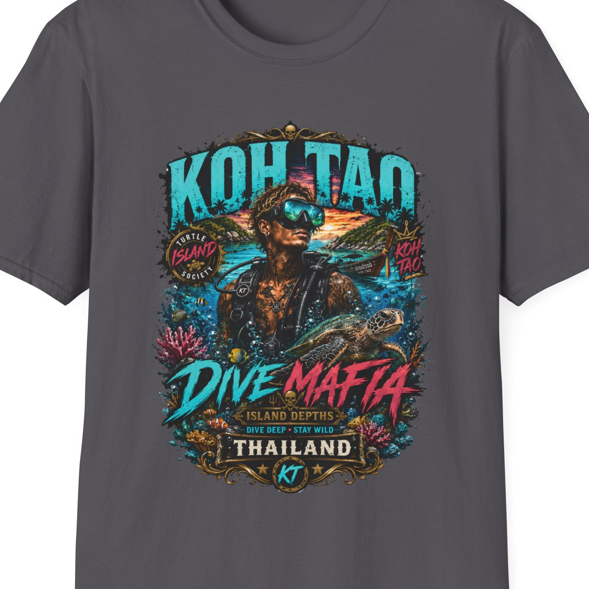 Koh Tao Dive Mafia T-Shirt anthrazit Scuba Diving Thailand Graphic Tee Unisex – Design Nahaufnahme