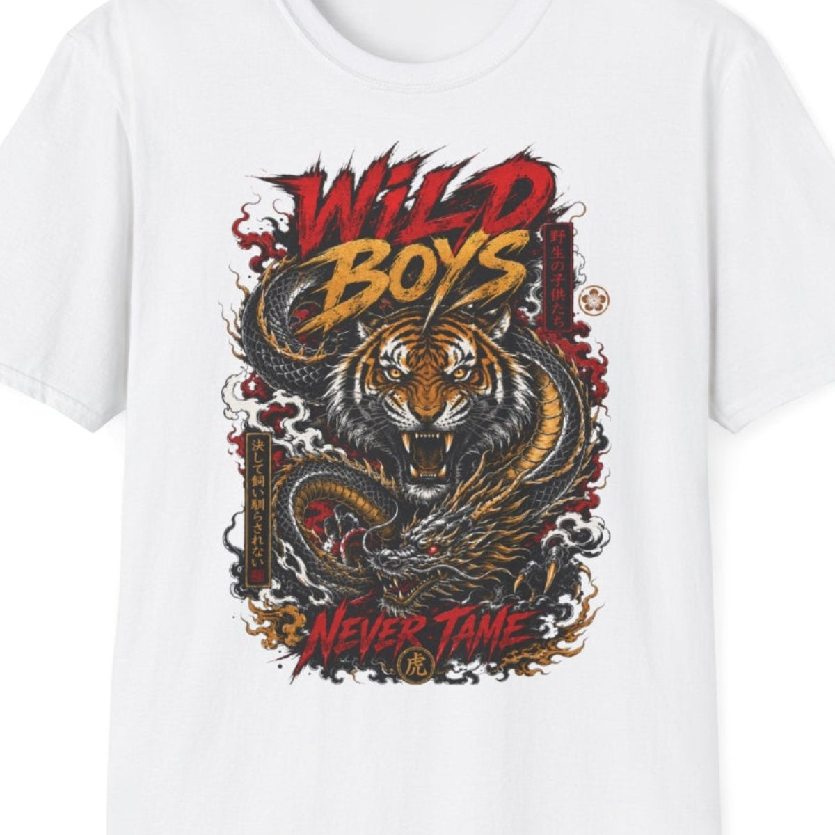 Wild Boys Never Tame T-Shirt weiß Tiger Dragon Design Nahaufnahme Japanese Streetwear
