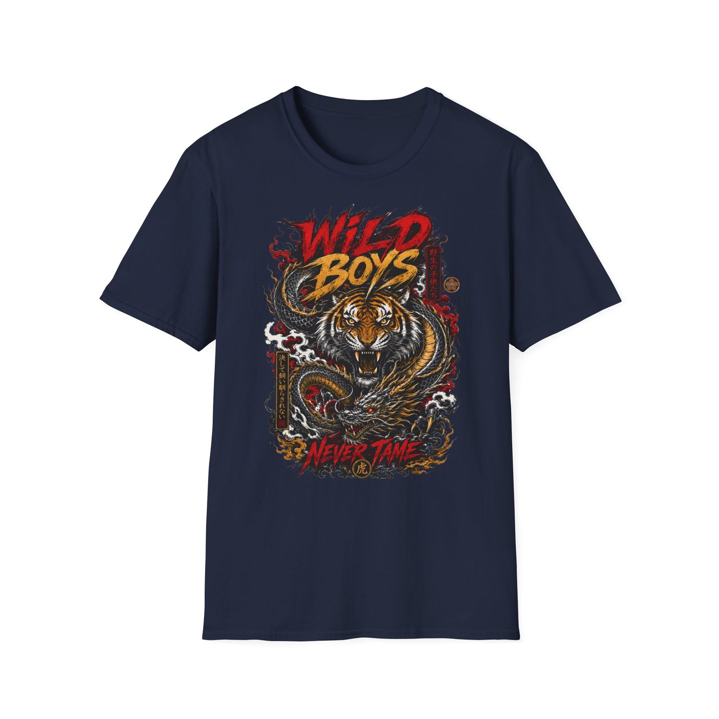 Wild Boys Never Tame T-Shirt navy Tiger Dragon Asian Streetwear Graphic Tee