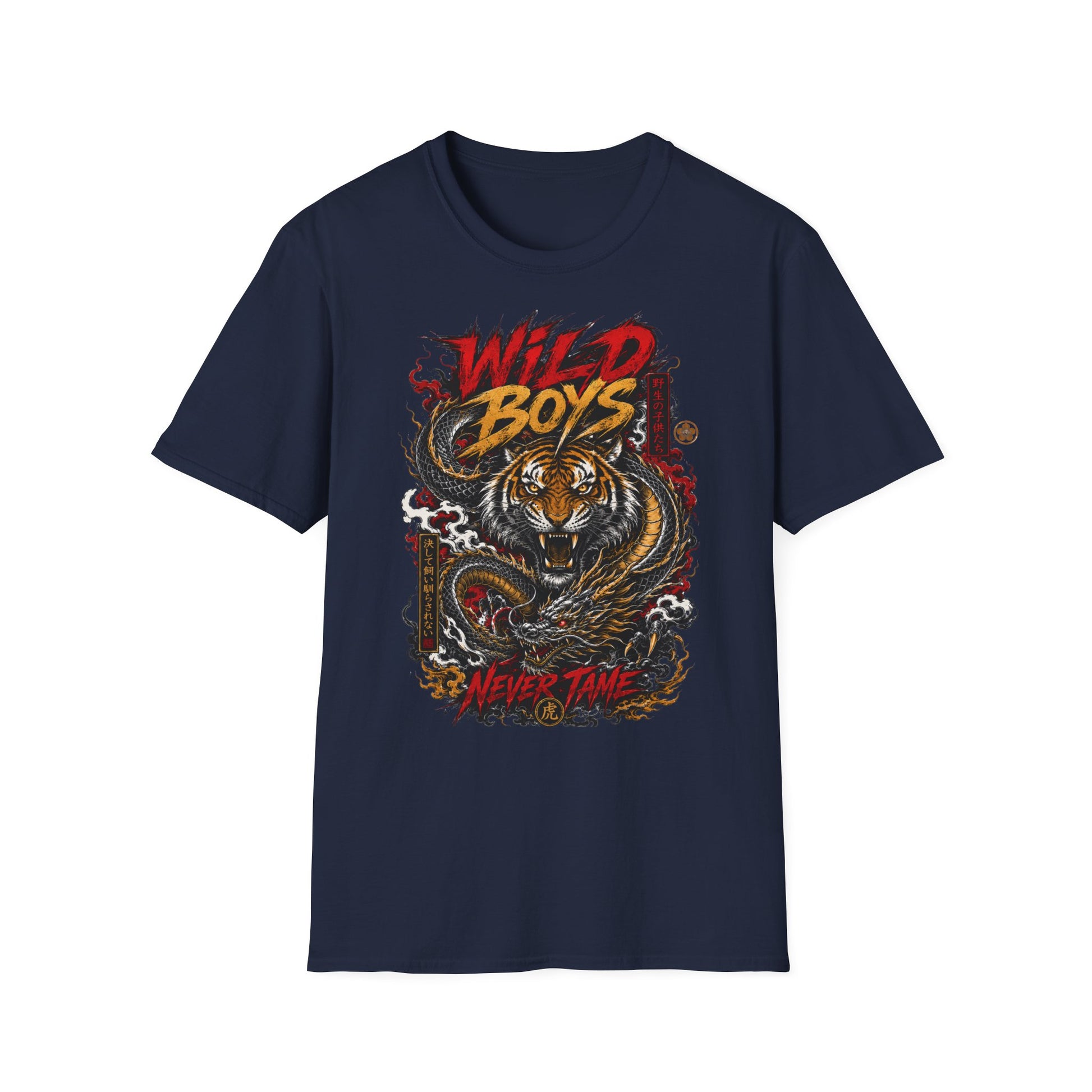 Wild Boys Never Tame T-Shirt navy Tiger Dragon Asian Streetwear Graphic Tee
