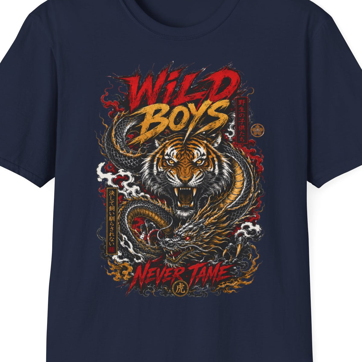 Wild Boys Never Tame T-Shirt navy Tiger Dragon Design Nahaufnahme Asian Streetwear