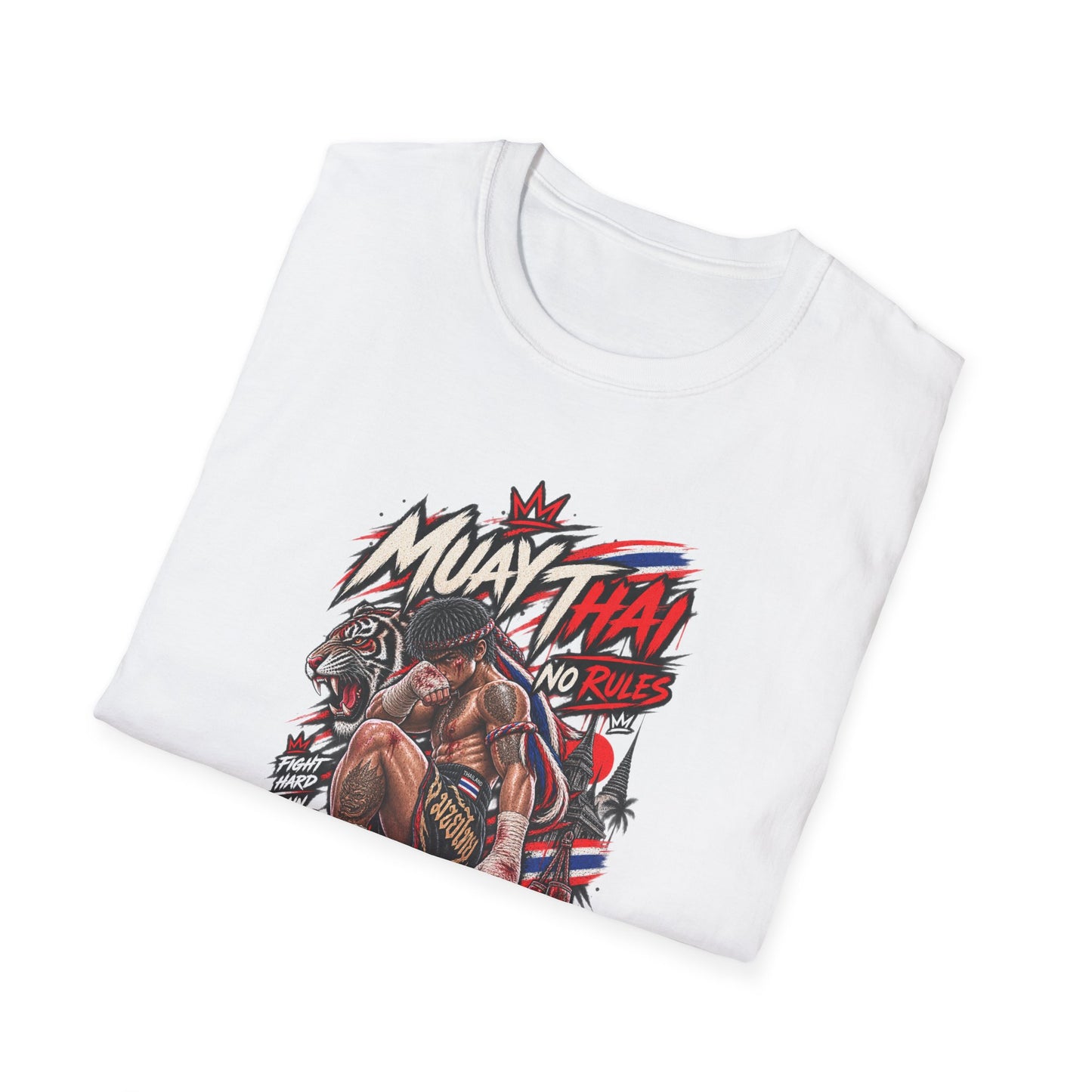 Muay Thai No Rules T-Shirt weiss gefaltet - Fighter Tiger Design Detail