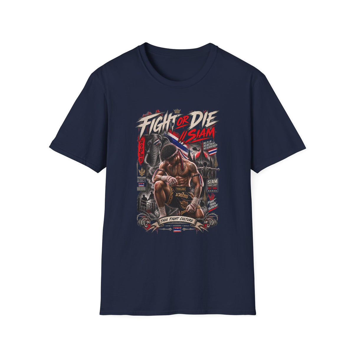 Fight or Die Muay Thai T-Shirt Navy — Thai Boxen Streetwear Vorderansicht