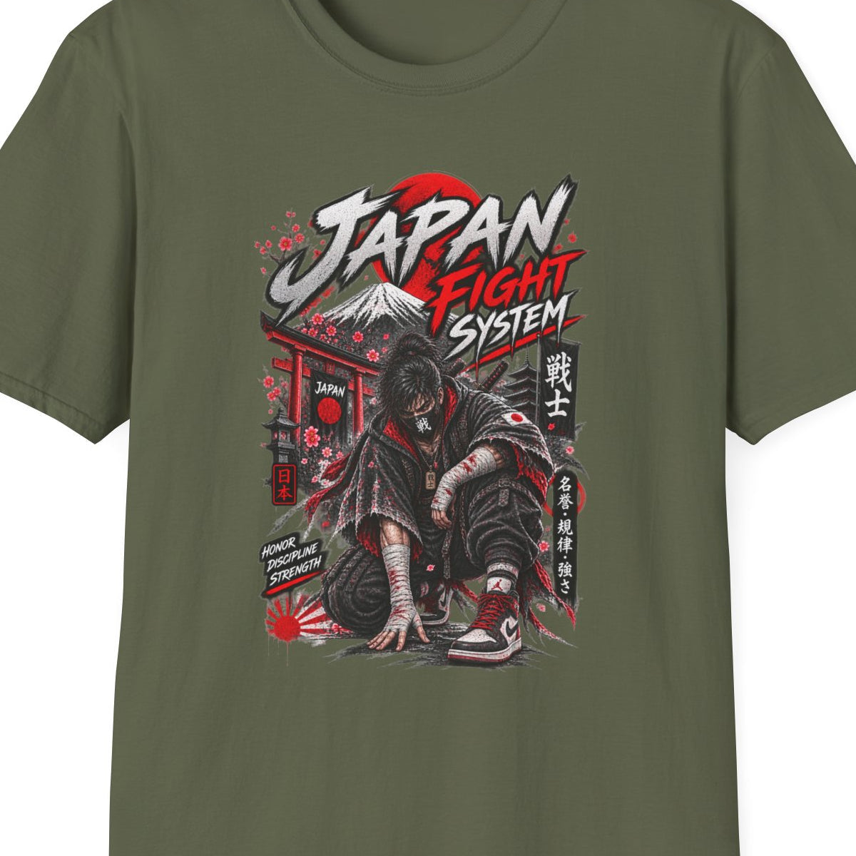 Japan Fight System T-Shirt Military Green — Samurai Krieger Japanese Streetwear Vorderansicht