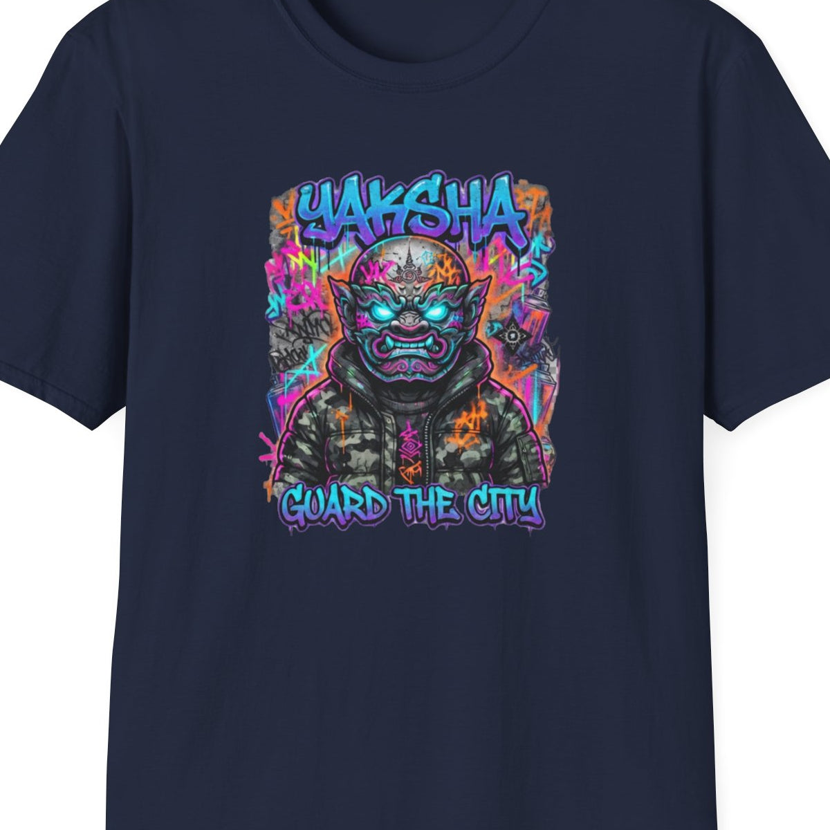 Yaksha T-Shirt Navy — Neon Dämon Streetwear Vorderansicht – Design Nahaufnahme