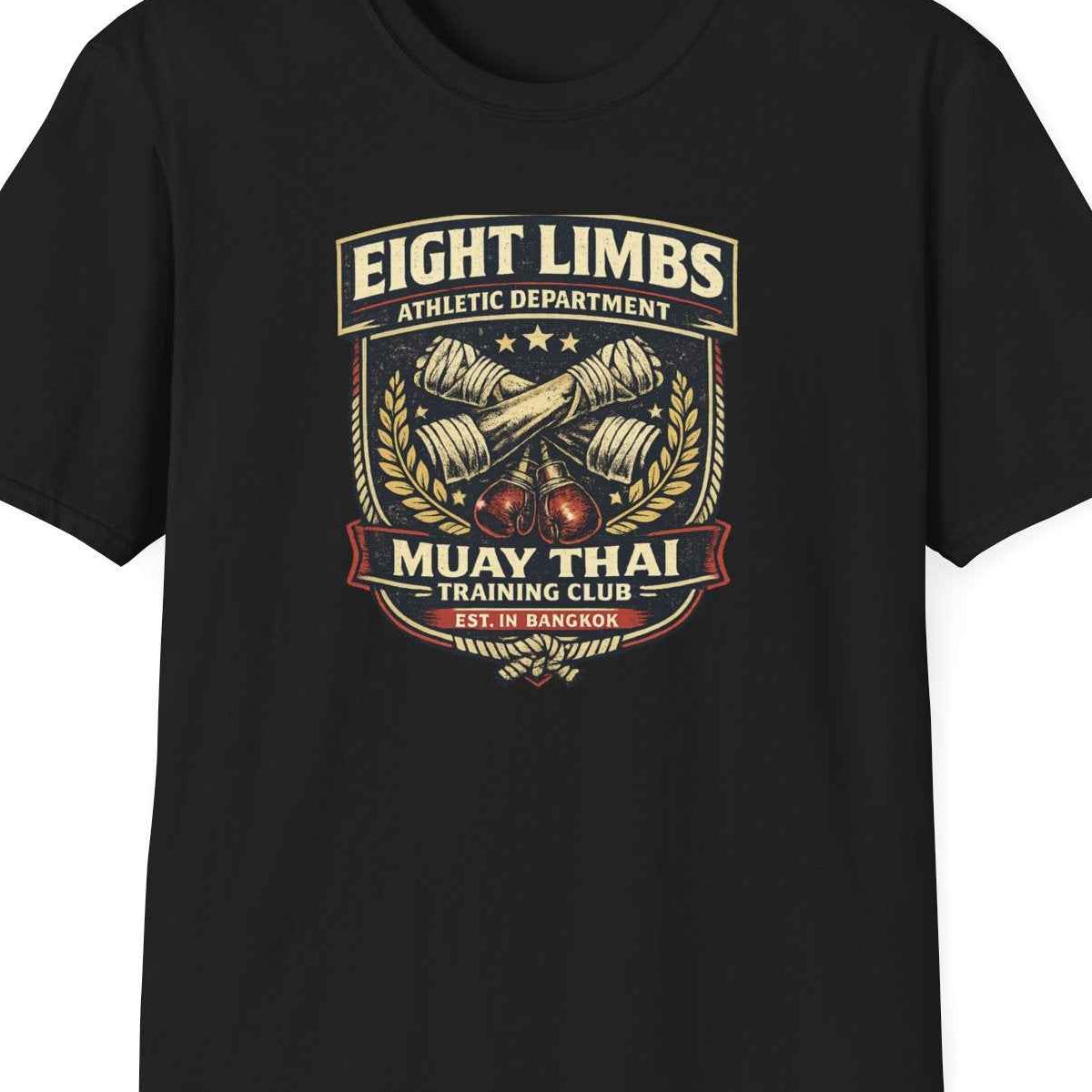 Eight Limbs Muay Thai T-Shirt – Bangkok Training Club Vintage Badge Graphic Tee – Design Nahaufnahme