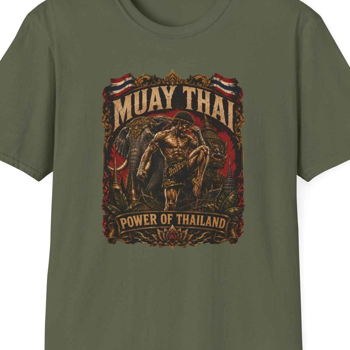 Muay Thai Born to Fight T-Shirt olivgrün – Thai Fighter Streetwear Herren Damen – Design Nahaufnahme