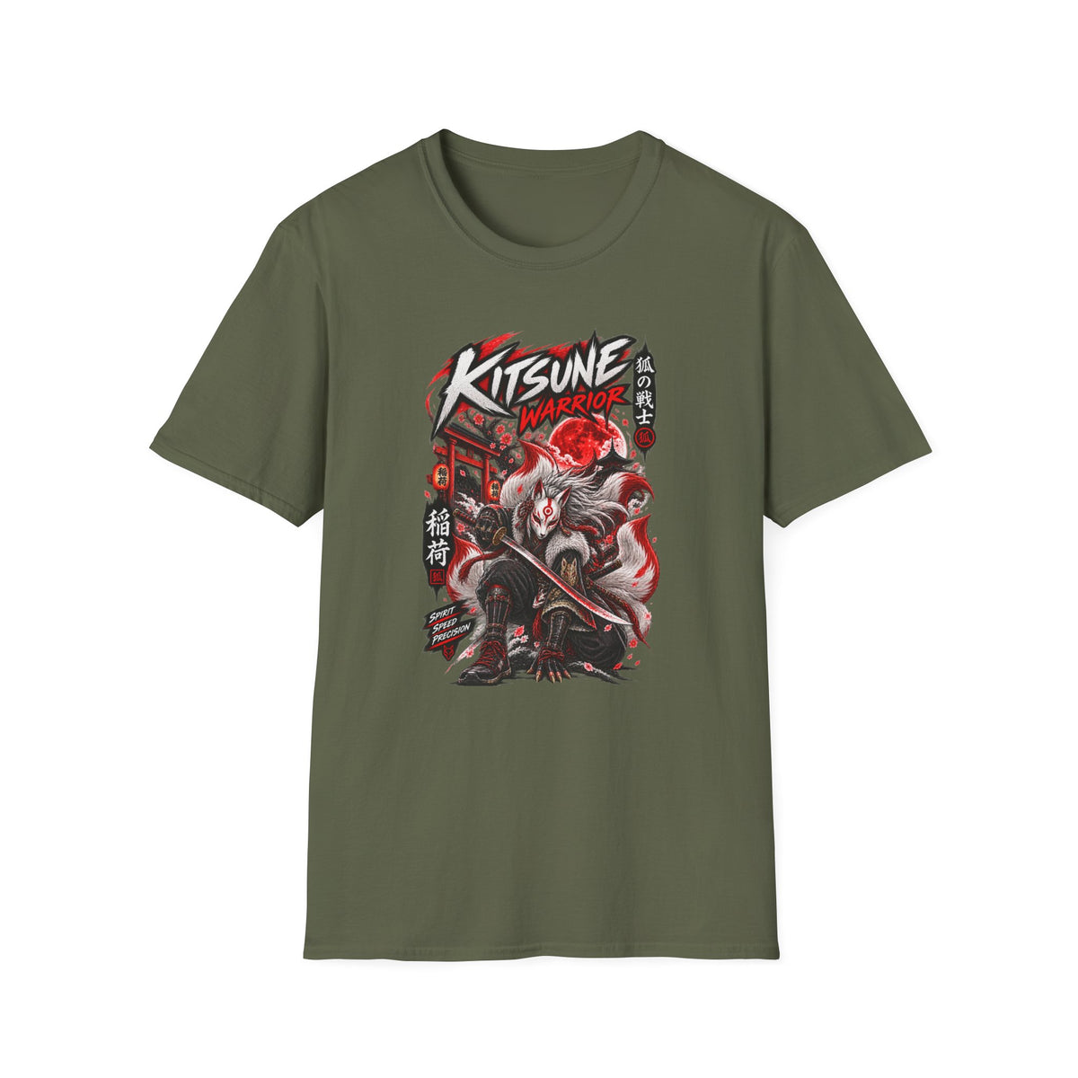 Kitsune Warrior T-Shirt Military Green — Fuchsgeist Krieger Streetwear Vorderansicht