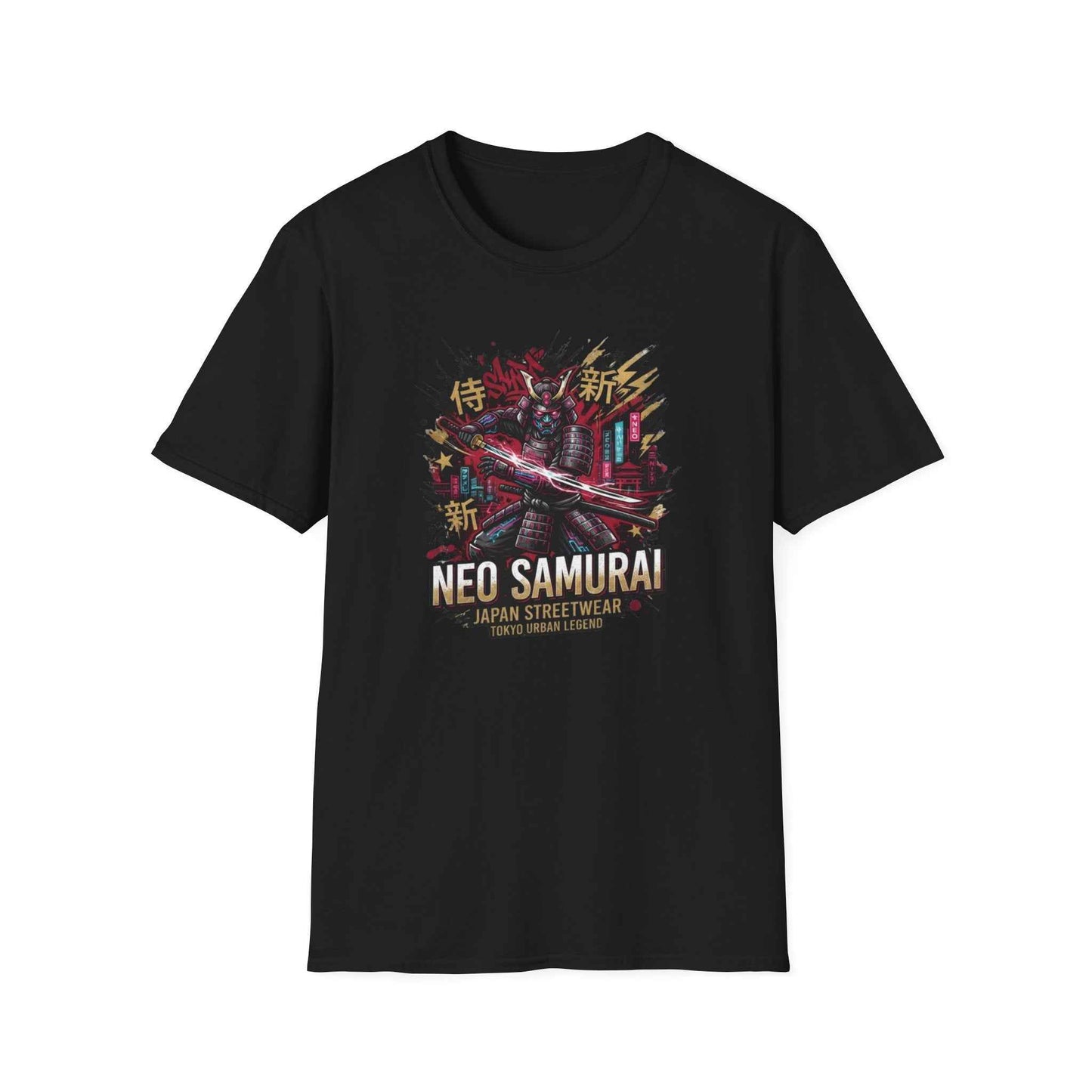 Neo Samurai T-Shirt schwarz Katana Neon Design Graphic Tee Unisex Vorderansicht