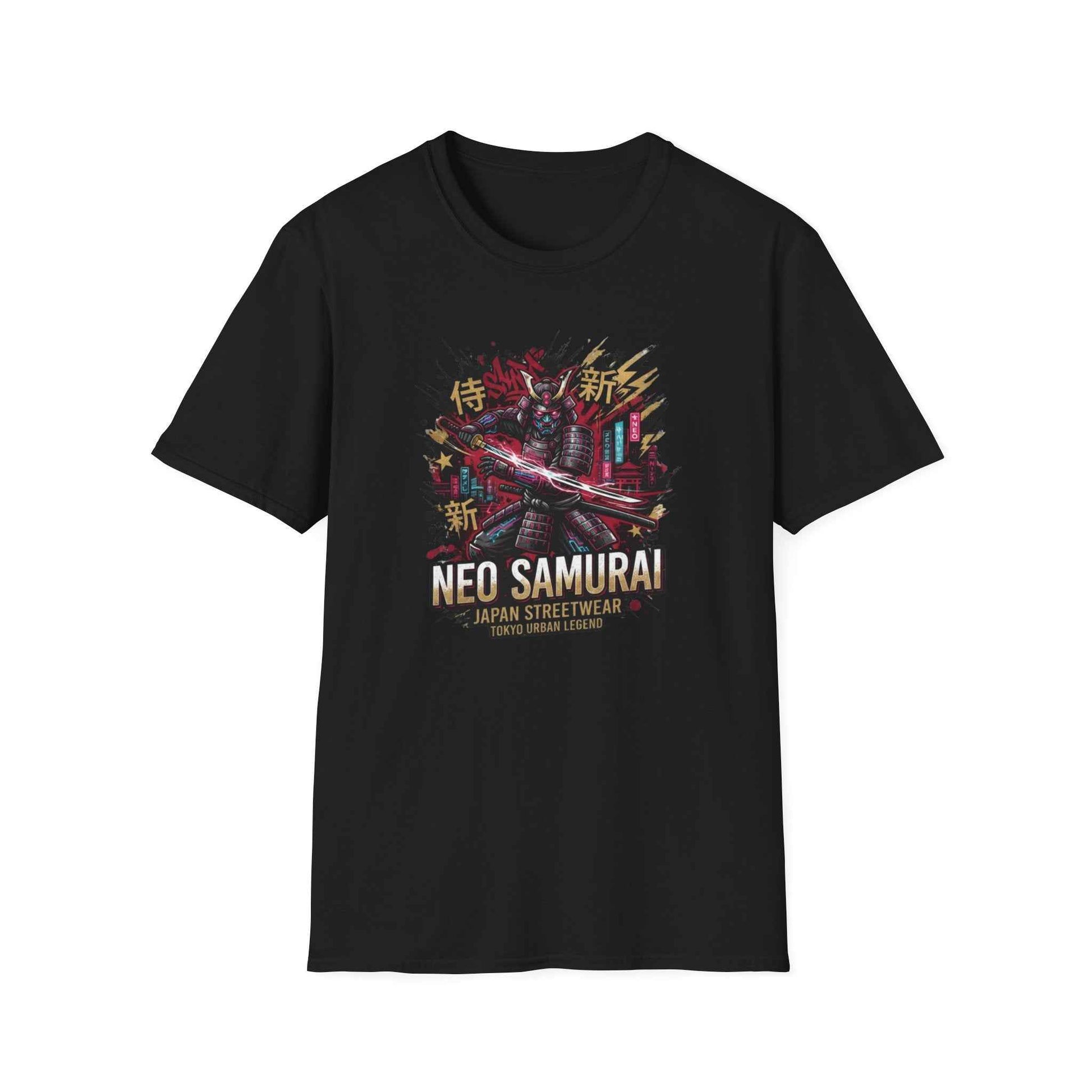 Neo Samurai T-Shirt schwarz Katana Neon Design Graphic Tee Unisex Vorderansicht