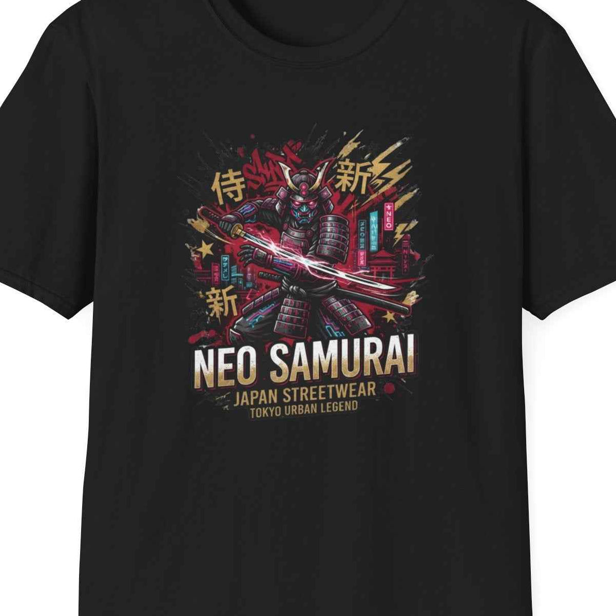 Neo Samurai T-Shirt schwarz Katana Neon Design Graphic Tee Unisex Vorderansicht – Design Nahaufnahme