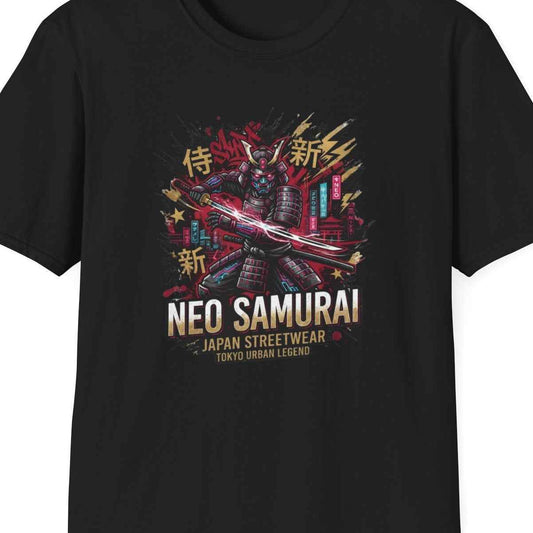 Neo Samurai T-Shirt schwarz Katana Neon Design Graphic Tee Unisex Vorderansicht – Design Nahaufnahme