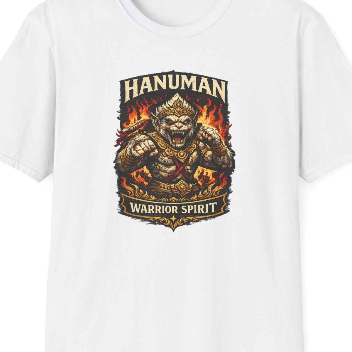 White Hanuman Warrior Spirit T-Shirt – Design Nahaufnahme