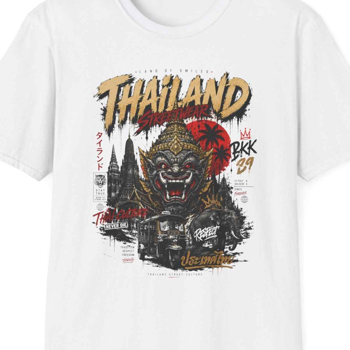 Thailand Streetwear T-Shirt — Bangkok Tempel & Elefant Herren Damen – Design Nahaufnahme