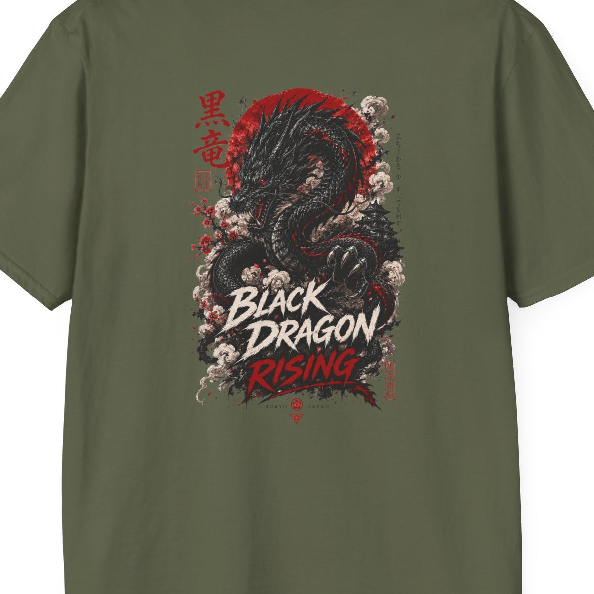 Black Dragon Rising T-Shirt Military Green — Kanji Drachen Japanese Streetwear Rückenprint