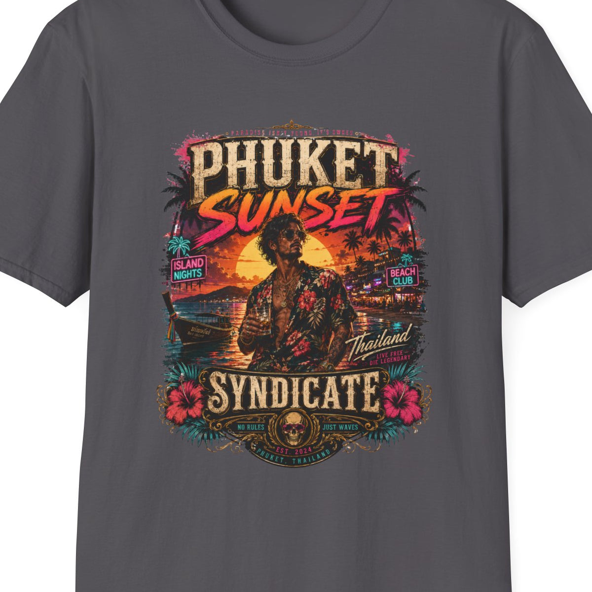 Phuket Sunset Syndicate T-Shirt anthrazit Thailand Island Nights Graphic Tee Unisex – Design Nahaufnahme