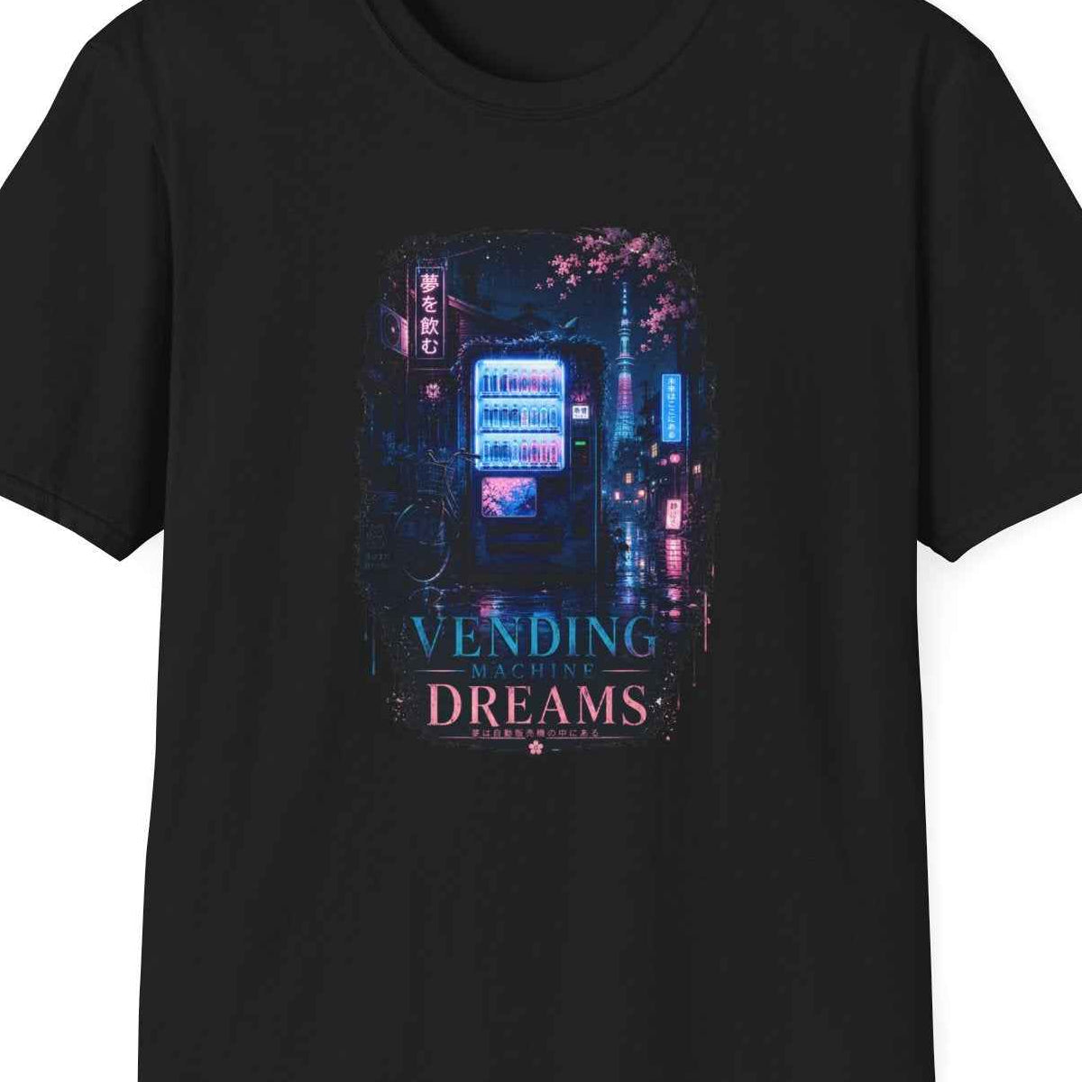 Vending Machine Dreams T-Shirt schwarz Streetwear Graphic Tee Unisex Vorderansicht – Design Nahaufnahme