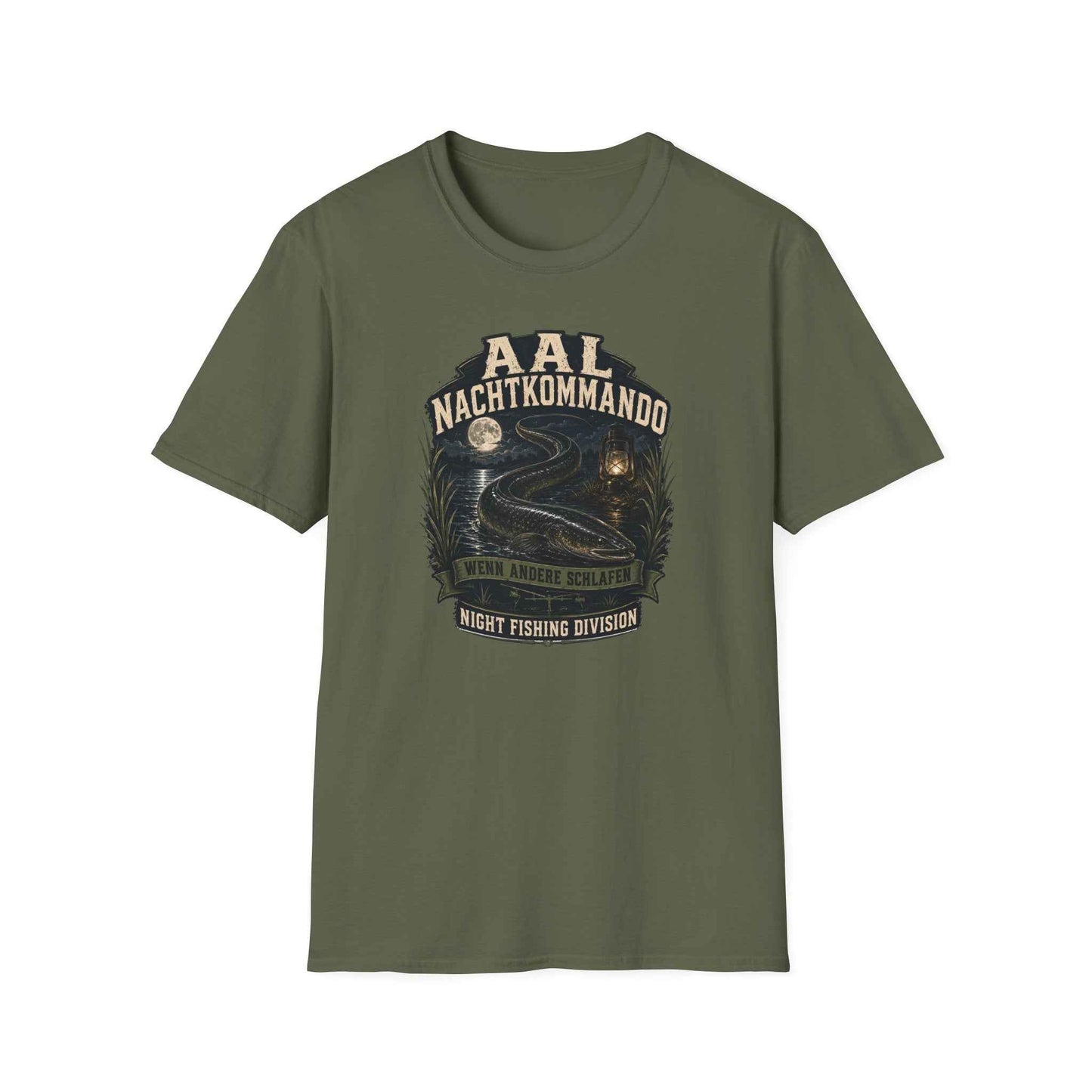 Aal Nachtkommando T-Shirt — Vintage Badge Design Nahaufnahme